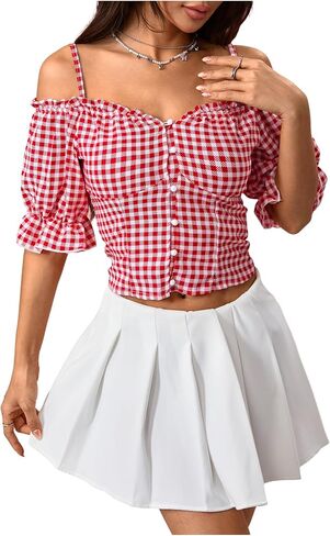 GORGLITTER Women's Gingham Off The Shoulder Blouse Plaid Ruffle Button Up Puff Sleeve Crop Tops in Saudi Arabia