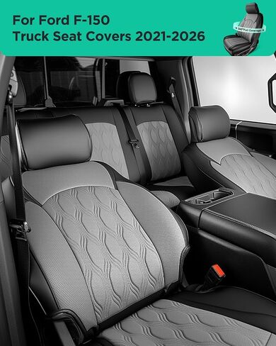 DiffCar® for Ford F150 أغطية مقاعد 2025 2024 2023 2022 2021، مجموعة كاملة من ملحقات الشاحنات المصنوعة من جلد البولي يوريثان لـ F 150، واقيات مقاعد السيارة الصغيرة تناسب فورد F-150 XT XLT SuperCrew/CrewCab 21-25، أسود in Kuwait
