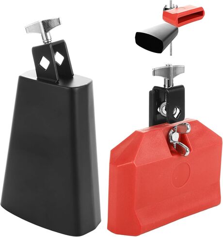 Acrux7 Set of 2 Cow Bell and Jam Block, 6 Inch Cowbell for Drum Set | Black Metal Cowbell Instrument with Red Plastic Percussion Block for Latin Drum Practice, Band Class, Stage Rhythm in Kuwait