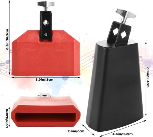 Acrux7 Set of 2 Cow Bell and Jam Block, 6 Inch Cowbell for Drum Set | Black Metal Cowbell Instrument with Red Plastic Percussion Block for Latin Drum Practice, Band Class, Stage Rhythm in Kuwait