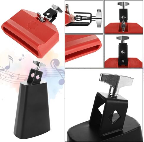 Acrux7 Set of 2 Cow Bell and Jam Block, 6 Inch Cowbell for Drum Set | Black Metal Cowbell Instrument with Red Plastic Percussion Block for Latin Drum Practice, Band Class, Stage Rhythm in Kuwait