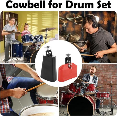 Acrux7 Set of 2 Cow Bell and Jam Block, 6 Inch Cowbell for Drum Set | Black Metal Cowbell Instrument with Red Plastic Percussion Block for Latin Drum Practice, Band Class, Stage Rhythm in Kuwait