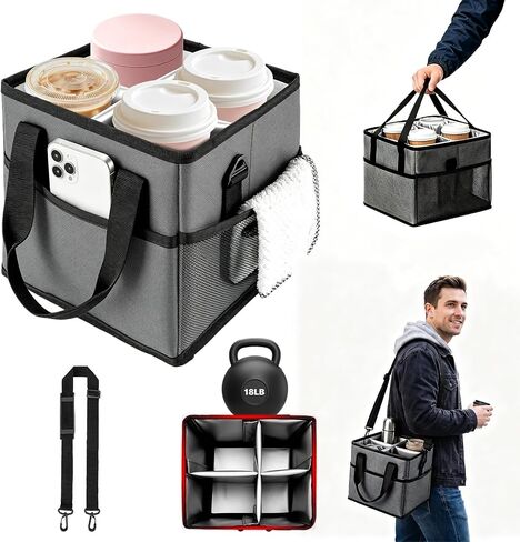 4 Cup Reusable Drink Carrier Bag Drink Holder Bag Water Bottle Carrier Bag | Adjustable Dividers Drink Carrier with Handle, Drink Holder for Car, Water Bottle Holder with Strap for Delivery, Travel in Kuwait