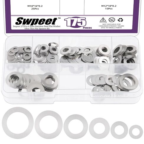 Swpeet 175Pcs 6 Sizes M4 M5 M6 M8 M10 M12 304 Stainless Steel Flat Washers Assortment Kit, Ultra Thin Flat Spacers, Metal Washers Set, Metal Ultra Thin Plain Gasket, Shim Washer for Screw Bolt in Kuwait