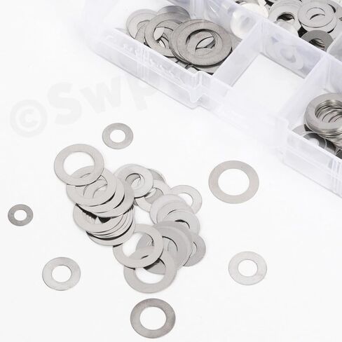 Swpeet 175Pcs 6 Sizes M4 M5 M6 M8 M10 M12 304 Stainless Steel Flat Washers Assortment Kit, Ultra Thin Flat Spacers, Metal Washers Set, Metal Ultra Thin Plain Gasket, Shim Washer for Screw Bolt in Kuwait