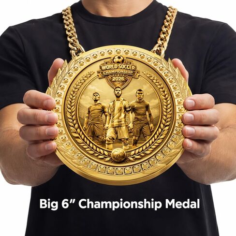 6 Inch Gold World Cup Soccer Champion Medal with Chain – Large Plastic Sports Award for Party, Fan Celebration, Costume & Trophy Display in Kuwait