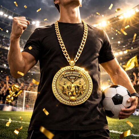 6 Inch Gold World Cup Soccer Champion Medal with Chain – Large Plastic Sports Award for Party, Fan Celebration, Costume & Trophy Display in Kuwait