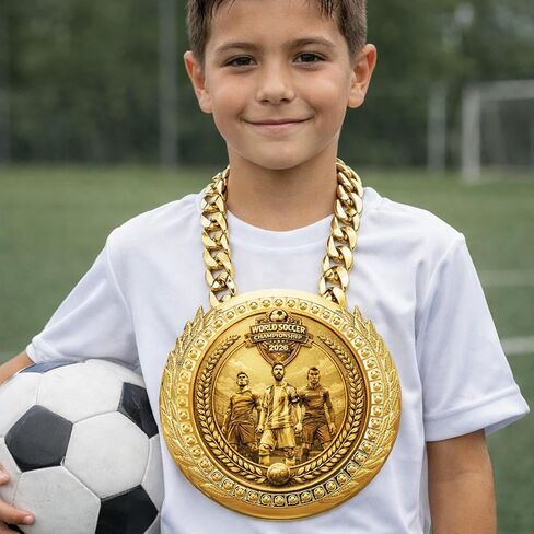 6 Inch Gold World Cup Soccer Champion Medal with Chain – Large Plastic Sports Award for Party, Fan Celebration, Costume & Trophy Display in Kuwait