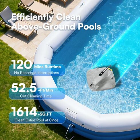 منظف ​​حمام السباحة الآلي اللاسلكي من PoolMr - روبوت مكنسة كهربائية فوق سطح الأرض - شفط قوي 40 وات، نظام تنظيف مزدوج، عبور الحاجز، وقت تشغيل 120 دقيقة يصل إلى 1614 قدم مربع لحمامات السباحة فوق الأرض، أبيض رمادي in Kuwait