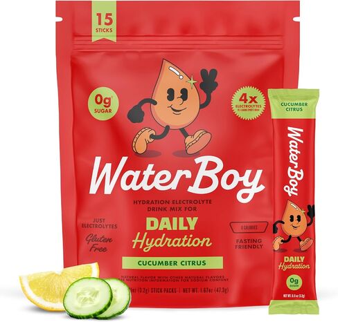 WaterBoy - الترطيب اليومي، خيار الحمضيات، مزيج مشروب مسحوق الإلكتروليتات الخالية من السكر - عبوات ترطيب 15 قيراط in Kuwait
