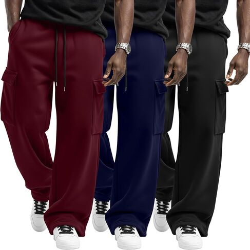 Ficerd 3 حزمة الرجال السراويل البضائع الرباط مرونة الخصر مستقيم الساق Sweatpants عارضة فضفاض تجريب عداء ببطء مع جيوب in Kuwait