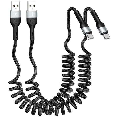 كابل شاحن USB C ملفوف لـ CarPlay [3 أقدام 2 حزمة]، كابل USB A إلى USB C، كابل شحن سريع متين من النوع C لهواتف iPhone 17/16/15/Pro/Pro Max، Galaxy S10/25، أجهزة Android (أسود) in Kuwait