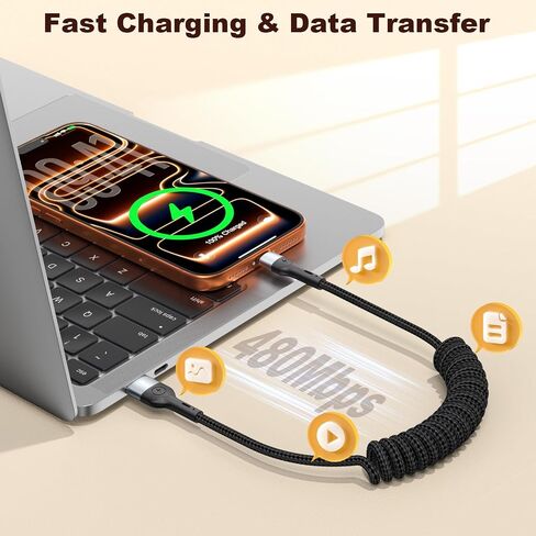 كابل شاحن USB C ملفوف لـ CarPlay [3 أقدام 2 حزمة]، كابل USB A إلى USB C، كابل شحن سريع متين من النوع C لهواتف iPhone 17/16/15/Pro/Pro Max، Galaxy S10/25، أجهزة Android (أسود) in Kuwait