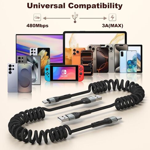 كابل شاحن USB C ملفوف لـ CarPlay [3 أقدام 2 حزمة]، كابل USB A إلى USB C، كابل شحن سريع متين من النوع C لهواتف iPhone 17/16/15/Pro/Pro Max، Galaxy S10/25، أجهزة Android (أسود) in Kuwait