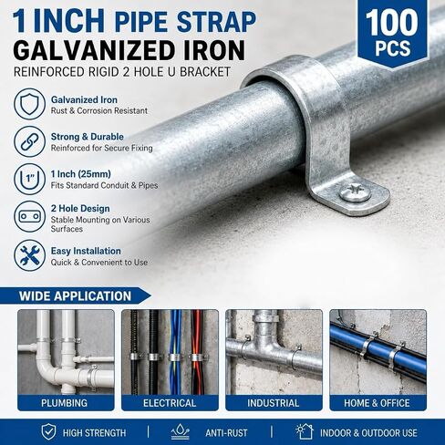 100 Pcs 1 Inch Conduit Clamp, Galvanized Iron 2 Hole Pipe Strap, Reinforced Rigid U Bracket Pipe Clamp for Pipe, Cable and Conduit Fixing in Kuwait