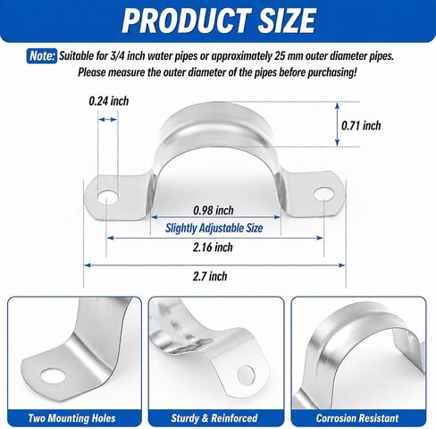 100 Pcs 1 Inch Conduit Clamp, Galvanized Iron 2 Hole Pipe Strap, Reinforced Rigid U Bracket Pipe Clamp for Pipe, Cable and Conduit Fixing in Kuwait