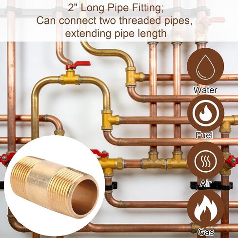 2pcs Brass Pipe Fitting, 3/4" NPT Male x 3/4" NPT Male Thread 50mm/2in Brass Long Nipple Connector Hose Adapter for Plumbing Gas Water Oil & Air Systems in Kuwait