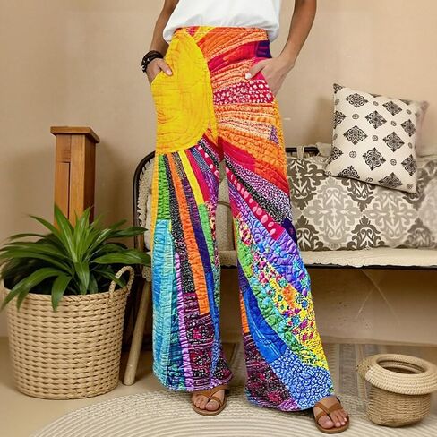 Women's Rainbow Patchwork Print Wide Leg Pants, Boho Trousers in Kuwait