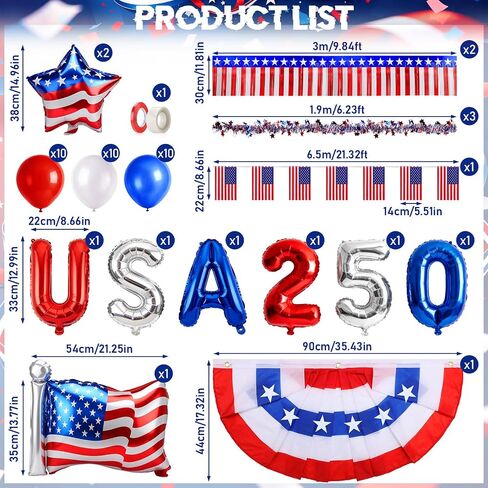 TOBWOLF 48Pcs 4th of July Golf Cart Decorations, 250th Anniversary Kit | Patriotic Parade Decor, Fringe Garland, Fan Flag, Flags & Balloons for Independence Day & Memorial Day in Kuwait