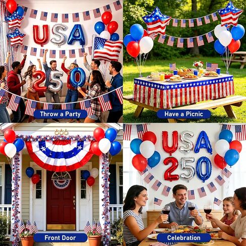 TOBWOLF 48Pcs 4th of July Golf Cart Decorations, 250th Anniversary Kit | Patriotic Parade Decor, Fringe Garland, Fan Flag, Flags & Balloons for Independence Day & Memorial Day in Kuwait