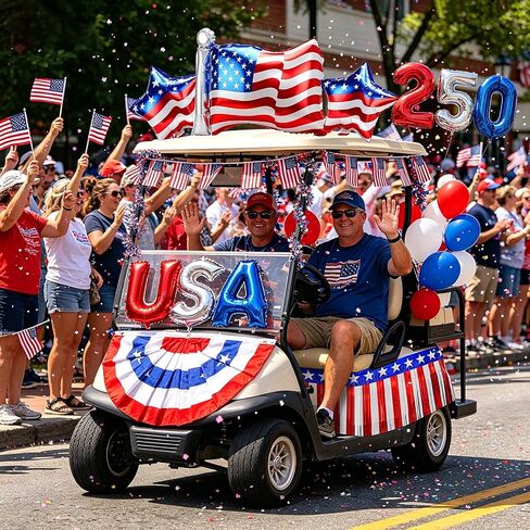 TOBWOLF 48Pcs 4th of July Golf Cart Decorations, 250th Anniversary Kit | Patriotic Parade Decor, Fringe Garland, Fan Flag, Flags & Balloons for Independence Day & Memorial Day in Kuwait