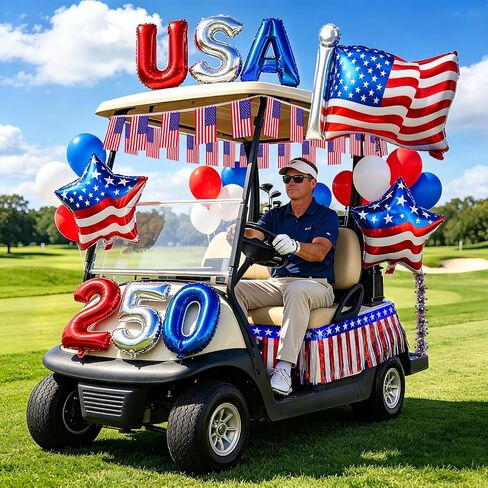 TOBWOLF 48Pcs 4th of July Golf Cart Decorations, 250th Anniversary Kit | Patriotic Parade Decor, Fringe Garland, Fan Flag, Flags & Balloons for Independence Day & Memorial Day in Kuwait