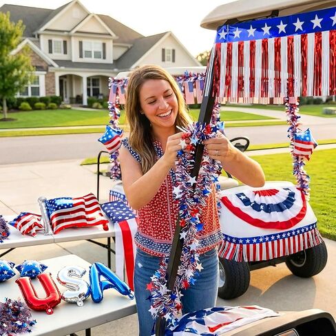 TOBWOLF 48Pcs 4th of July Golf Cart Decorations, 250th Anniversary Kit | Patriotic Parade Decor, Fringe Garland, Fan Flag, Flags & Balloons for Independence Day & Memorial Day in Kuwait