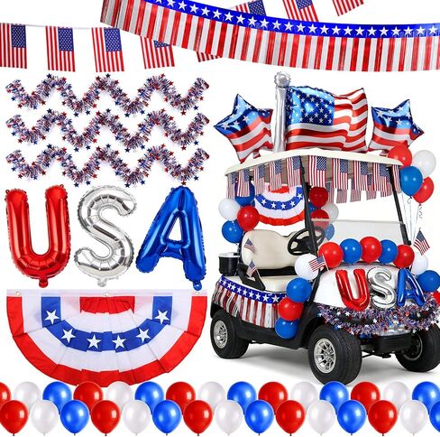 TOBWOLF 48Pcs 4th of July Golf Cart Decorations, 250th Anniversary Kit | Patriotic Parade Decor, Fringe Garland, Fan Flag, Flags & Balloons for Independence Day & Memorial Day in Kuwait