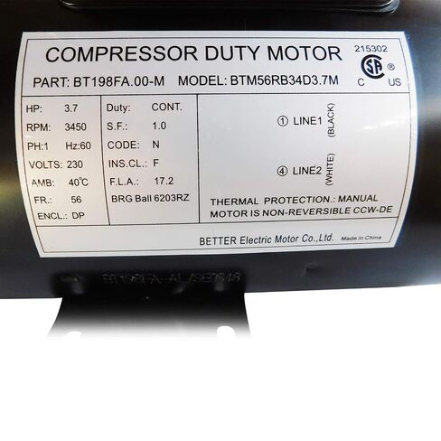 DDL New 198FA 3.7HP، 17.2A/230V محركات كهربائية لضاغط الهواء، 56 إطارًا، 3450 دورة في الدقيقة، قطر العمود 5/8 بوصة، محرك مصنف NEMA، يستبدل محركات 5HP SPL المصنفة 15-17AMPS، أسود، 41x21x26 سم in Kuwait