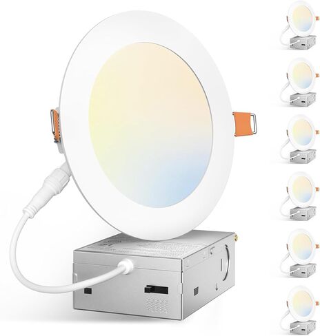 Amico 6 عبوات 7 بوصة 5CCT رفيعة للغاية LED بدون غطاء سقف مجوف مع صندوق توصيل، 2700K/3000K/3500K/4000K/5000K قابلة للاختيار، 15W=100W، 1300LM عالي السطوع، إضاءة سفلية من الرقاقة الخافتة-ETL&FCC in Kuwait