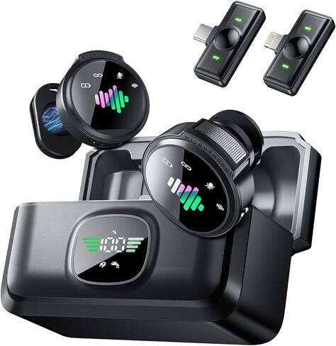 Wireless Lavalier Microphone with Charging Case, LED Display, Dual Mics, Compatible with iPhone and USB-C Devices in Kuwait
