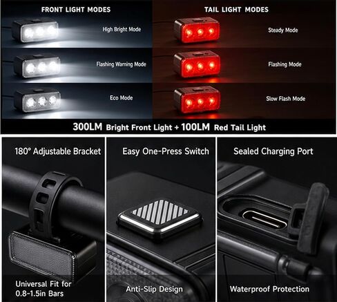 أضواء دراجة قابلة لإعادة الشحن عبر USB للأمام والخلف، إضاءة دراجة IP65 مقاومة للماء، 4+6 أوضاع للدراجة الأمامية ومجموعة مصابيح خلفية مع زوج من مرآة الدراجة in Saudi Arabia