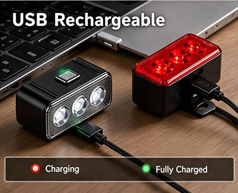 أضواء دراجة قابلة لإعادة الشحن عبر USB للأمام والخلف، إضاءة دراجة IP65 مقاومة للماء، 4+6 أوضاع للدراجة الأمامية ومجموعة مصابيح خلفية مع زوج من مرآة الدراجة in Saudi Arabia