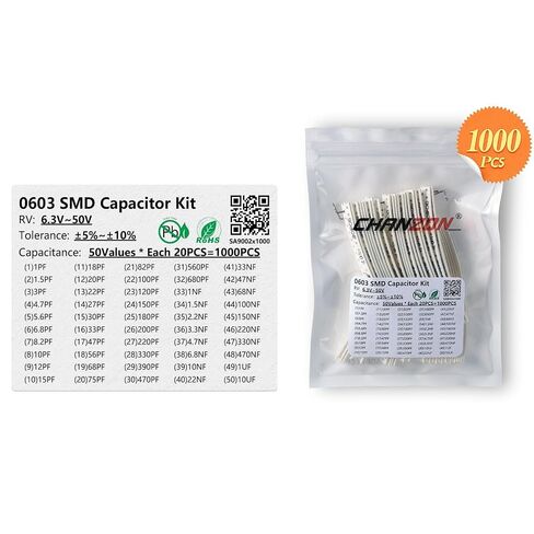 مجموعة مكثفات Chanzon 1000 قطعة 0603 1pF-10uF SMD، 50 قيم 6.3 فولت-50 فولت تشكيلة MLCC من السيراميك للنماذج الأولية لثنائي الفينيل متعدد الكلور والإلكترونيات ذاتية الصنع in Kuwait