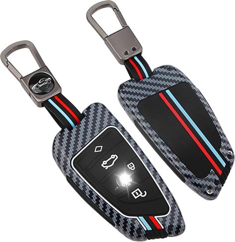 QBUC لغطاء مفتاح BMW Key Fob، حافظة مفاتيح معدنية ثقيلة لسيارات BMW 2 5 6 7 Series X1 X2 X3 X5 X6 X7 ملحقات الحماية الكاملة للمفتاح الذكي (مظهر معدني، ألياف الكربون) in Kuwait