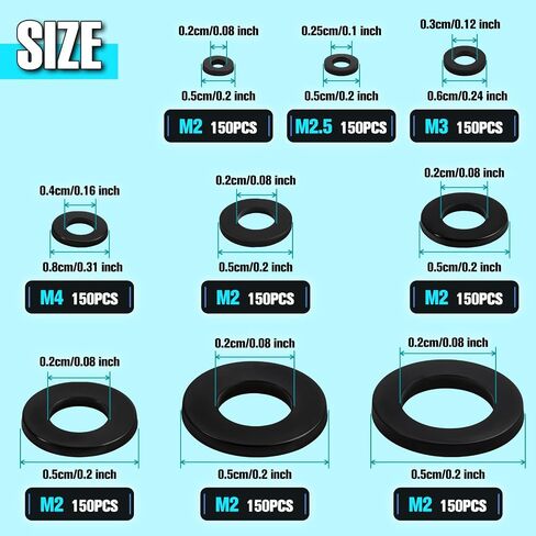 780pcs Nylon Flat Washers for Screws Bolts Black Flat Rubber Washers Assortment Kit Assorted Metric Sealing Spacer Gasket Ring Set M2, M2.5, M3, M4, M5, M6, M8, M10，M12 in Kuwait
