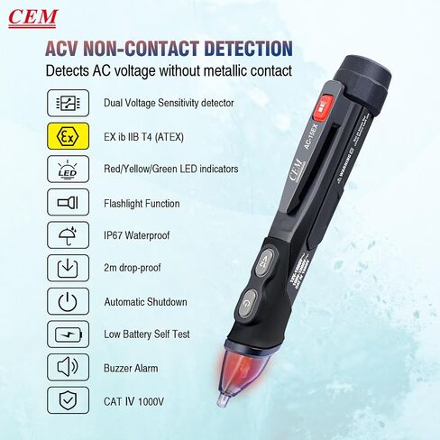 CEM AC-15EXS & AC-6 Non-Contact Voltage Tester Combo – 12V-1000V Low Voltage Mode, CAT IV 1000V, IP67, Flashlight, for Electricians & Home DIY in Kuwait