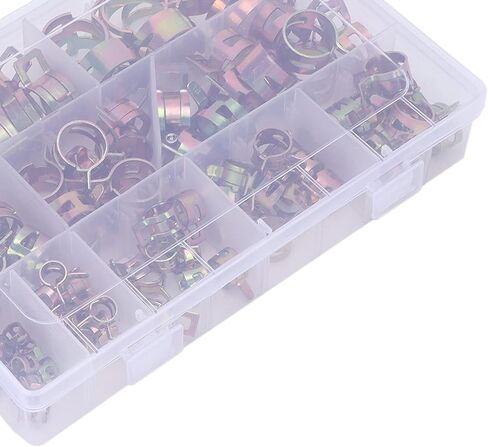 مجموعة متنوعة من 100 قطعة من المشابك الزنبركية، مشابك خرطوم زنبركية لخرطوم الهواء وأنابيب المياه وخط وقود السيارات، 10 مقاسات من السحابات المعدنية مع صندوق in Kuwait