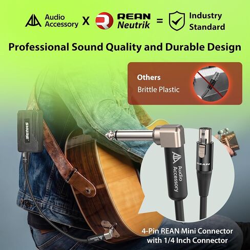 ملحق صوت AA لكابل الغيتار اللاسلكي Shure بطول 2 قدم، موصل XLR صغير من Neutrik REAN ذو 4 سنون (TA4F) إلى سلك موصل بزاوية قائمة 1/4 بوصة لأجهزة إرسال نظام الجيتار اللاسلكي Shure WA304 in Kuwait
