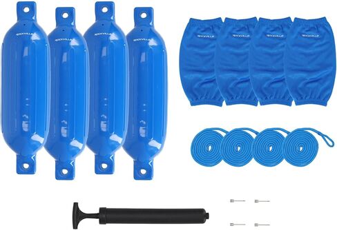 Rockville Boat Fender Package 6.5in x 23in Marine Boat Bumpers with Fender Covers, Dock Lines & Pump for Docking and Boat Protection in Kuwait