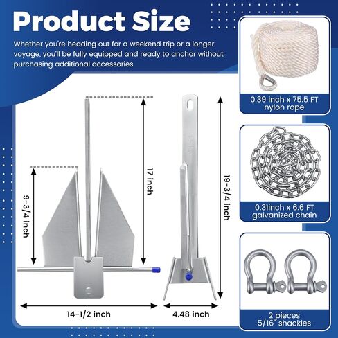 Yaocom 10 LB Heavy Duty Boat Anchor Kit Fluke Style Anchor with Chain, Rope and Shackle Anchoring Accessories for Boats Pontoon, Deck, Sail, Fishing, Portable Hot Dipped Anchoring Kit in Kuwait