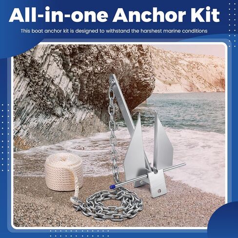 Yaocom 10 LB Heavy Duty Boat Anchor Kit Fluke Style Anchor with Chain, Rope and Shackle Anchoring Accessories for Boats Pontoon, Deck, Sail, Fishing, Portable Hot Dipped Anchoring Kit in Kuwait
