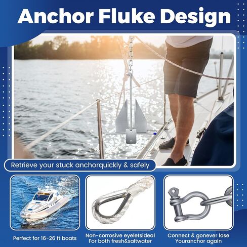 Yaocom 10 LB Heavy Duty Boat Anchor Kit Fluke Style Anchor with Chain, Rope and Shackle Anchoring Accessories for Boats Pontoon, Deck, Sail, Fishing, Portable Hot Dipped Anchoring Kit in Kuwait