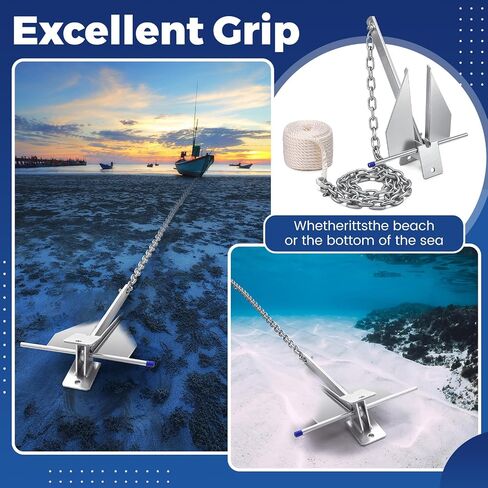 Yaocom 10 LB Heavy Duty Boat Anchor Kit Fluke Style Anchor with Chain, Rope and Shackle Anchoring Accessories for Boats Pontoon, Deck, Sail, Fishing, Portable Hot Dipped Anchoring Kit in Kuwait