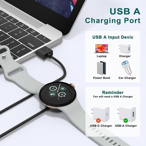 Meliya 2-Pack Charger Cable for Google Pixel Watch 3 / Pixel Watch 2 Charger, Replacement Magnetic Charging Cable for Fitbit Ace LTE (USB-C + USB-A) in Kuwait
