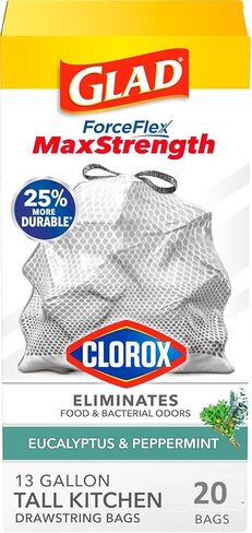 Glad Tall ForceFlex with Clorox™ Kitchen Trash Bags 13 Gallon, MaxStrength Eucalyptus and Peppermint Garbage Bags, Drawstring, 20 Count in Kuwait