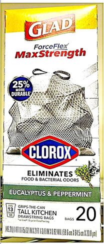 Glad Tall ForceFlex with Clorox™ Kitchen Trash Bags 13 Gallon, MaxStrength Eucalyptus and Peppermint Garbage Bags, Drawstring, 20 Count in Kuwait