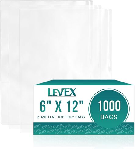 Levex - 6 بوصة × 12 بوصة (1000 قطعة) سطح مسطح مفتوح النهاية - أكياس بولي شفافة شديدة التحمل سعة 2 مل للتغليف والشحن والتخزين والطعام (لا تحتوي الحقائب على ختم أو مطبوعات) in Kuwait
