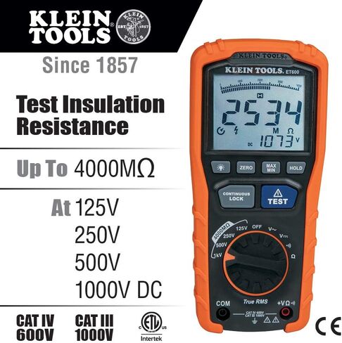 Klein Tools ET600 Multimeter, Megohmmeter Insulation Tester, 4000 Ohms Resistance, 125V/250V/500V/1000V, Auto-Ranging TRMS Multimeter & 69417 Rare-Earth Magnetic Hanger, with Strap in Kuwait