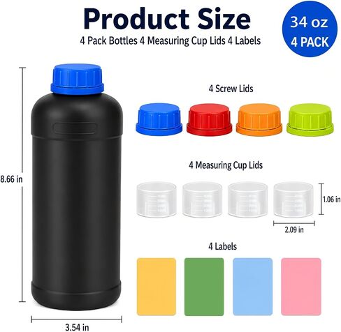 METAPACK 4 عبوات من الزجاجات البلاستيكية السوداء المقاومة للتسرب بوزن 34 أونصة، وزجاجات كاشف HDPE، وحاويات تخزين كيميائية مع أغطية أكواب قياس، وأغطية وملصقات داخلية مرمزة بالألوان in Kuwait